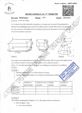 Première page de Mathématiques 6e — 2e devoir surveillé, 1er trimestre (2021-2022) · CPEG ROSAIRE