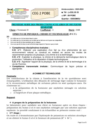 Première page de PCT Tle D — 1re production scolaire, 2e semestre (2023-2024) · CEG 2 Pobè