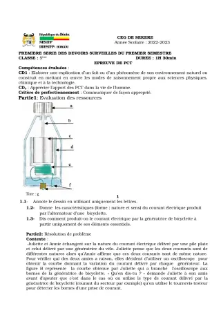 Première page de PCT 5e — 1er devoir surveillé, 1er semestre (2022-2023) · CEG SEKERE