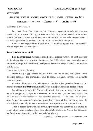 Première page de Français 3e, 3e ML — 1er devoir surveillé, 1er semestre (2019-2020) · CEG ZOGBO