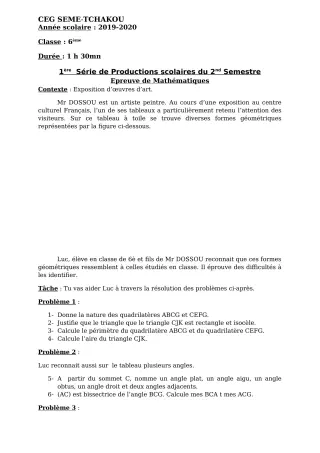 Première page de Mathématiques 6e, 5e, 4e, 3e — 1re production scolaire, 2e semestre (2019-2020) · CEG Sème tchakou