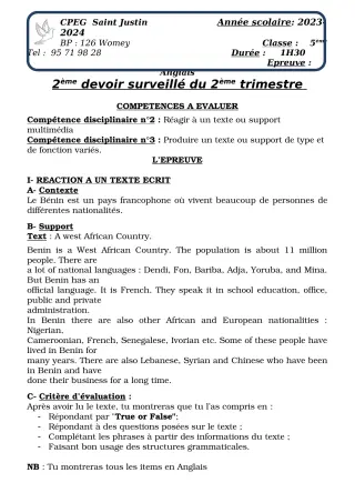 Première page de Anglais 5e, 1ère A2, 1ère B, 1ère C, 1ère D — 2e devoir surveillé, 2e trimestre (2023-2024) · CPEG SAINT Justin
