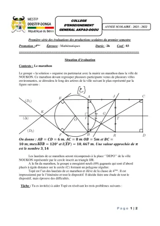 Première page de Mathématiques 4e — Production scolaire, 1er semestre (2021-2022) · CEG Akpao-Ogou