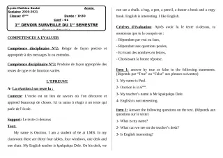 Première page de Anglais 6e, 5e, 4e, 4e ML, 3e, 3e ML — 1er devoir surveillé, 1er semestre (2020-2021) · LMB