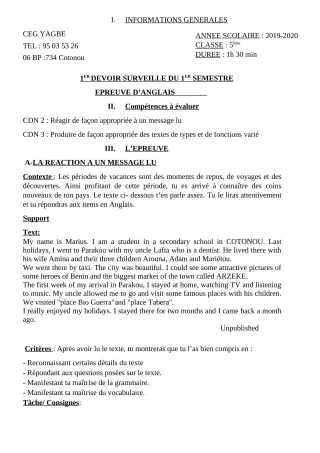 Première page de Anglais 5e — 1er devoir surveillé, 1er semestre (2019-2020) · CEG Yagbe