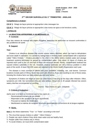 Première page de Anglais 4e, 4e ML — 2e devoir surveillé, 1er trimestre (2019-2020) · CPEG LE PHARAON