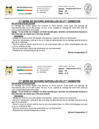 Première page de Français 6e, 5e, 4e — 1er devoir surveillé, 2e semestre (2023-2024) · CEG ZA-KPOTA