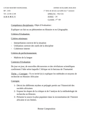 Première page de Histoire-Géographie 2nde A & B, 2nde D, 1ère A & B, 1ère D, Tle A & B, Tle D — 1er devoir surveillé, 1er semestre (2018-2019) · Lycée Houegbadja d'Abomey (Ex Mafory Bangoura)