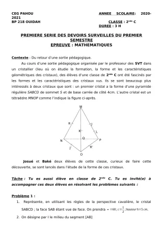 Première page de Mathématiques 2nde C — 1er devoir surveillé, 1er semestre (2020-2021) · CEG PAHOU