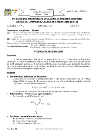 Première page de PCT 6e, 5e, 3e, 2nde C, 2nde D, 1ère C, 1ère D, Tle C, Tle D — 1re production scolaire, 1er semestre (2018-2019) · CEG1 Ikpinlè