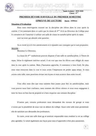 Première page de Français 4e — 1er devoir surveillé, 1er semestre (2019-2020) · CEG ADJOVICODJI 'LES OLIVIERS'