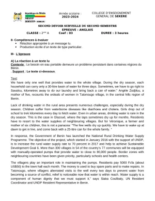 Première page de Anglais 2nde A2 — 2e devoir surveillé, 2e semestre (2023-2024) · CEG SEKERE