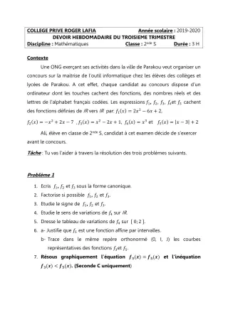 Première page de Mathématiques 2nde C, 2nde D — Devoir surveillé, 3e trimestre (2019-2020) · CPEG Roger LAFIA
