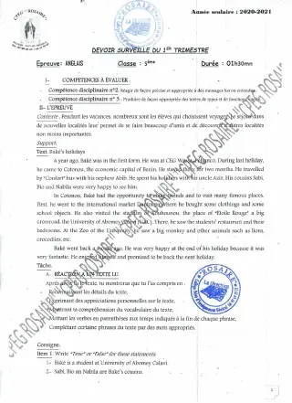 Première page de Anglais 5e — Devoir surveillé, 1er trimestre (2020-2021) · CPEG ROSAIRE