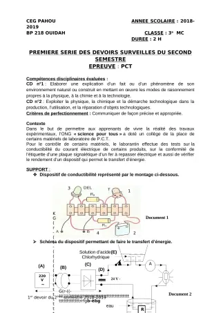 Première page de PCT 3e — 1er devoir surveillé, 2e semestre (2018-2019) · CEG PAHOU