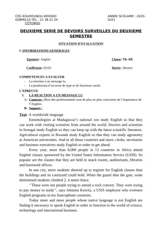Première page de Anglais Tle A1, Tle A2, Tle B — 2e devoir surveillé, 2e semestre (2020-2021) · CEG Kouhounou-Vêdoko