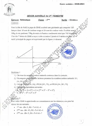 Première page de Mathématiques 5e — 1er devoir surveillé (2020-2021) · CPEG ROSAIRE