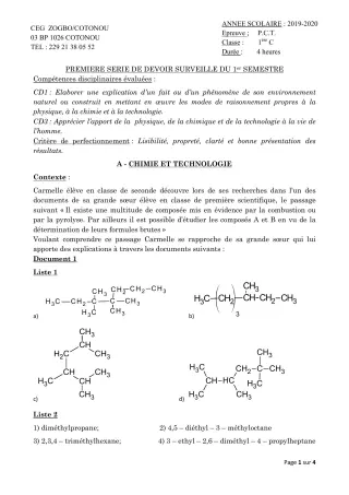 Première page de PCT 1ère C — 1er devoir surveillé, 1er semestre (2019-2020) · CEG ZOGBO