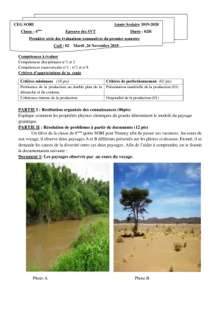 Première page de SVT 4e, 4e ML — 1re évaluation sommative, 1er semestre (2019-2020) · CEG SORI