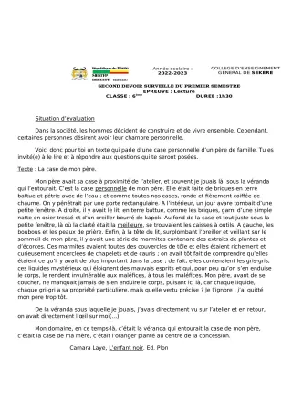 Première page de Français 6e — 2e devoir surveillé, 1er semestre (2022-2023) · CEG SEKERE