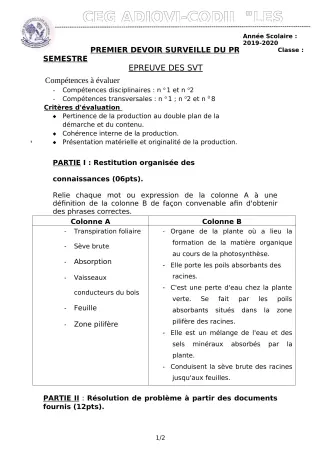 Première page de SVT 5e — 1er devoir surveillé (2019-2020) · CEG ADJOVICODJI 'LES OLIVIERS'