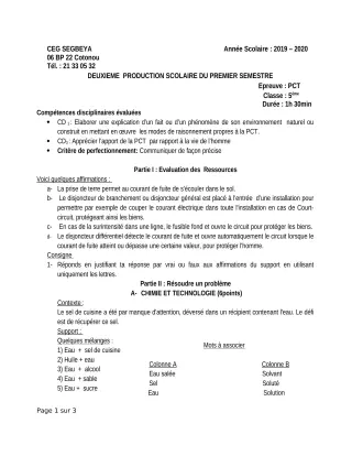 Première page de PCT 5e — 2e production scolaire, 1er semestre (2019-2020) · CEG SEGBEYA