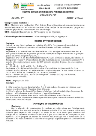 Première page de PCT 3e — 2e devoir surveillé, 1er semestre (2021-2022) · CEG SEKERE