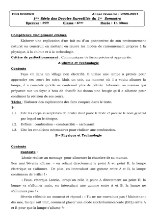 Première page de PCT 6e — 1er devoir surveillé (2020-2021) · CEG SEKERE