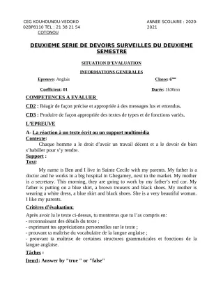 Première page de Anglais 6e — 2e devoir surveillé, 2e semestre (2020-2021) · CEG Kouhounou-Vêdoko