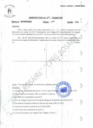 Première page de Mathématiques 3e, 3e ML — Composition (2020-2021) · CPEG ROSAIRE