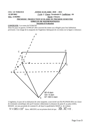 Première page de Mathématiques Tle D — 1re production scolaire, 1er semestre (2020-2021) · CEG LE NOKOUE