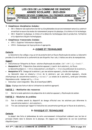 Première page de PCT 3e — 1er devoir surveillé, 1er semestre (2023-2024) · CEG SEKERE