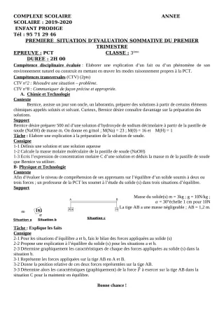 Première page de PCT 3e, 3e ML — Évaluation sommative, 1er trimestre (2019-2020) · CPEG ENFANT PRODIGE