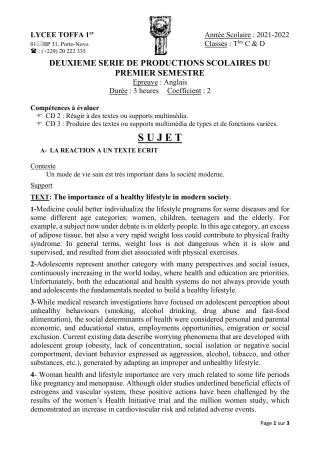 Première page de Anglais Tle C, Tle D — 2e production scolaire, 1er semestre (2021-2022) · Lycée Toffa 1er