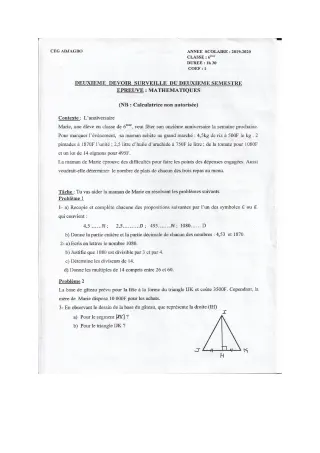 Première page de Mathématiques 6e — 2e devoir surveillé, 2e semestre (2019-2020) · CEG ADJAGBO