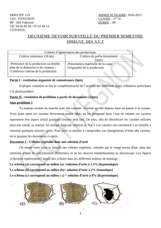 Première page de SVT 2nde D — 2e devoir surveillé, 1er semestre (2020-2021) · CEG FIYEGNON