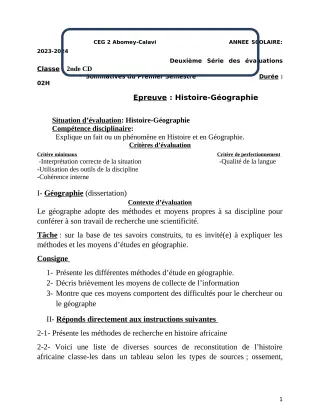 Première page de Histoire-Géographie 2nde D — 2e évaluation sommative, 1er semestre (2023-2024) · CEG2 ABOMEY - CALAVI (CEG ZOCA)