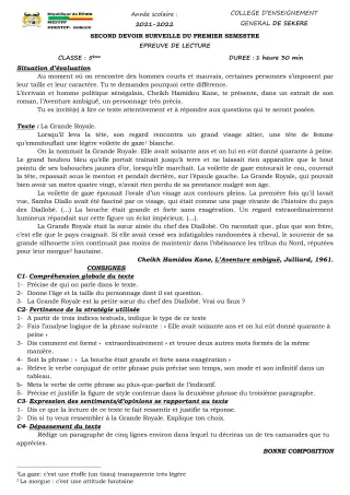 Première page de Français 5e — 2e devoir surveillé, 1er semestre (2021-2022) · CEG SEKERE