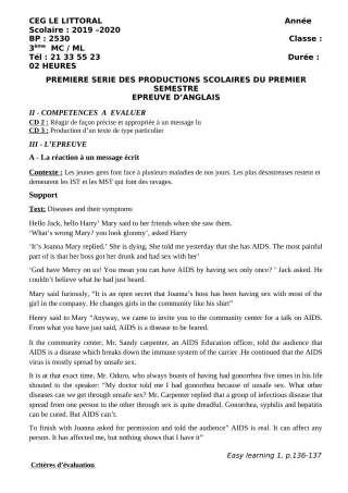 Première page de Anglais 3e, 3e ML — 1re production scolaire, 1er semestre (2019-2020) · CEG Le Littoral