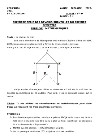 Première page de Mathématiques 2nde D — 1er devoir surveillé, 1er semestre (2020-2021) · CEG PAHOU