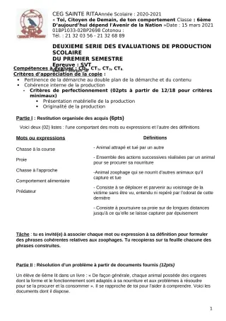 Première page de SVT 6e — Production scolaire, 1er semestre (2020-2021) · CEG Sainte Rita