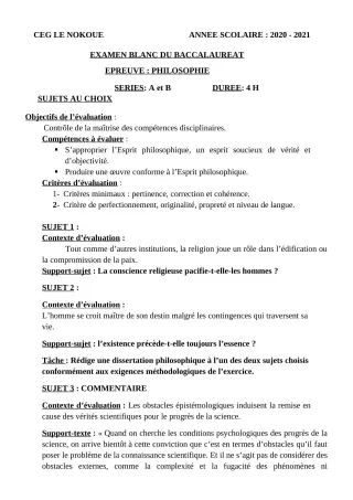 Première page de Examen Blanc de PHILO — Tle A1, Tle A2, Tle B — CEG LE NOKOUE (2020)