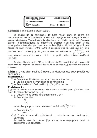 Première page de Mathématiques Tle B — Devoir surveillé, 2e semestre (2022-2023) · CEG2 ABOMEY - CALAVI (CEG ZOCA)
