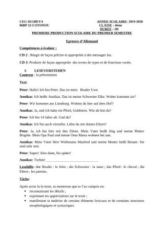 Première page de Allemand 4e ML, 3e ML, 2nde A & B, 1ère A1, 1ère A2, 1ère B, Tle A1, Tle A2, Tle B — 1re production scolaire, 1er semestre (2019-2020) · CEG SEGBEYA