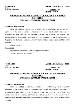 Première page de Français 5e — 1er devoir surveillé, 1er semestre (2020-2021) · CEG PAHOU