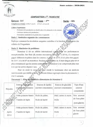 Première page de SVT 3e, 3e ML — 1re composition, 1er trimestre (2020-2021) · CPEG ROSAIRE
