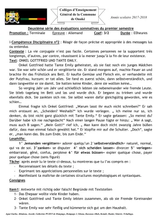 Première page de Allemand Tle A2 — 2e évaluation sommative, 1er semestre (2017-2018) · CEG C.P de Dompago