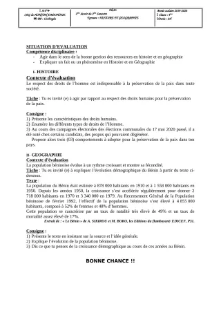 Première page de Histoire-Géographie 4e ML&MC — 2e devoir surveillé, 2e semestre (2019-2020) · CEG Honton