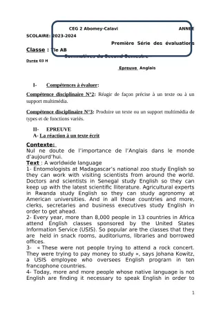 Première page de Anglais Tle B — 1re évaluation sommative, 2e semestre (2023-2024) · CEG2 ABOMEY - CALAVI (CEG ZOCA)