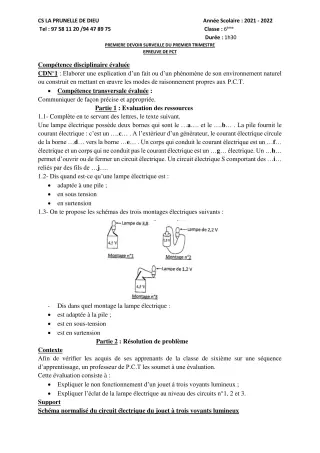 Première page de PCT 6e, 5e, 4e, 4e ML, 3e, 3e ML — 1er devoir surveillé, 1er trimestre (2021-2022) · CEPG La Prunelle de Dieu
